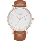 BUREI Men's Fashion Minimalist Wrist Watch Analog White Date with Brown Leather Band