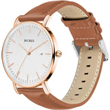 BUREI Men's Fashion Minimalist Wrist Watch Analog White Date with Brown Leather Band