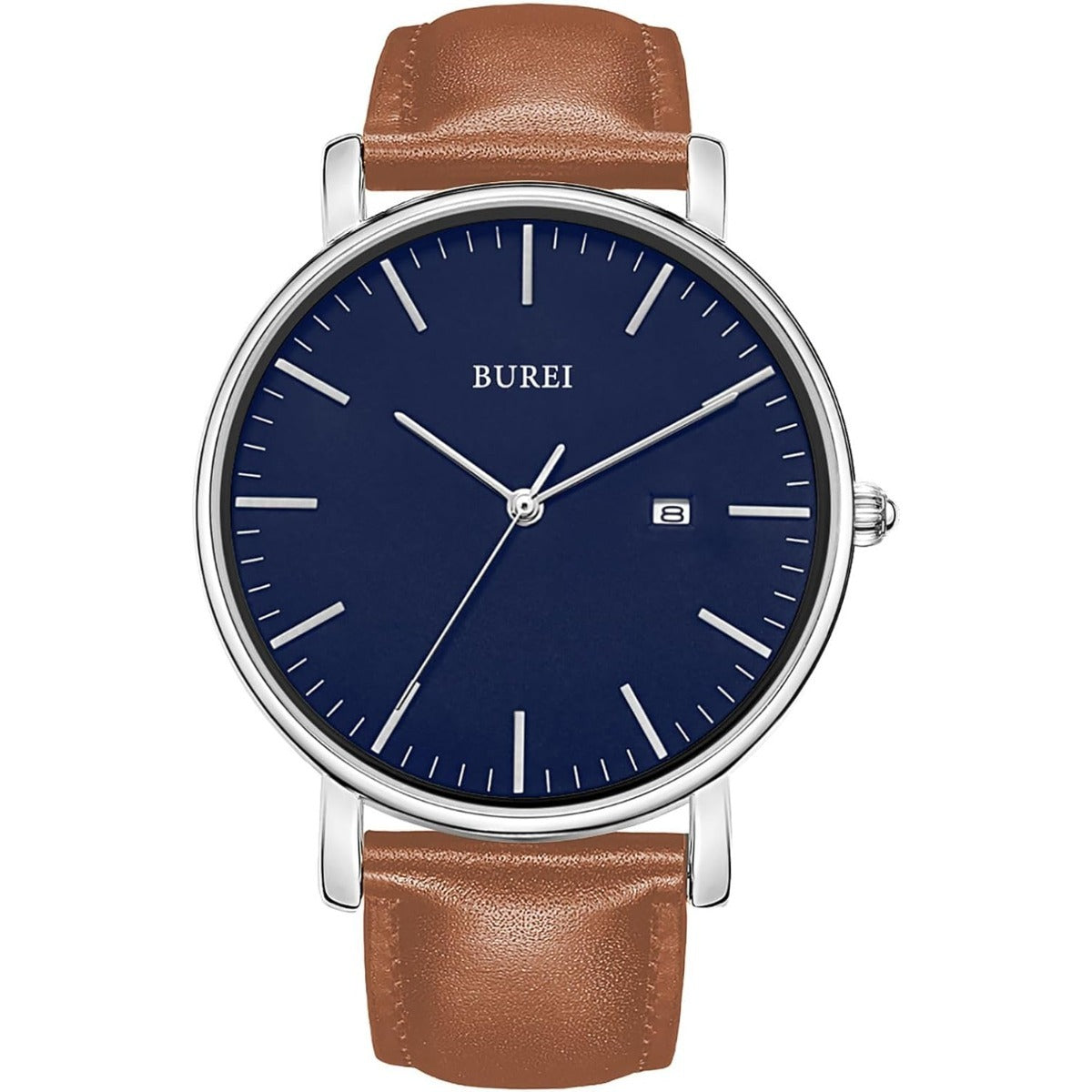 BUREI Men's Fashion Minimalist Wrist Watch Analog White Date with Brown Leather Band