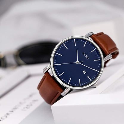 BUREI Men's Fashion Minimalist Wrist Watch Analog White Date with Brown Leather Band