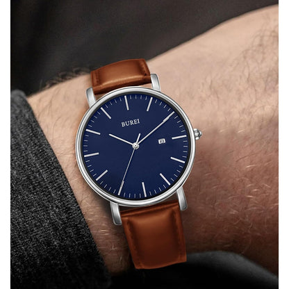 BUREI Men's Fashion Minimalist Wrist Watch Analog White Date with Brown Leather Band