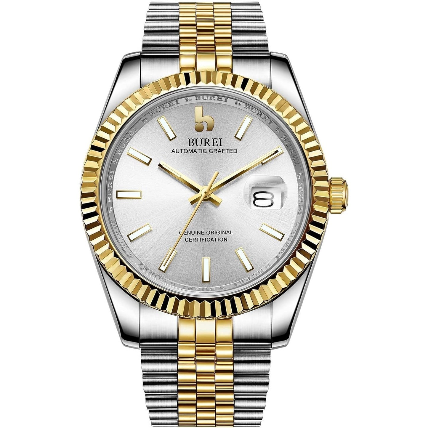 BUREI Men's Automatic Watch Analog Dial with Date Window Sapphire Crystal Stainless Steel Band and Case