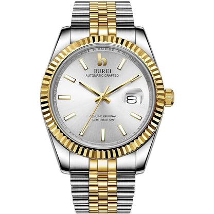 BUREI Men's Automatic Watch Analog Dial with Date Window Sapphire Crystal Stainless Steel Band and Case