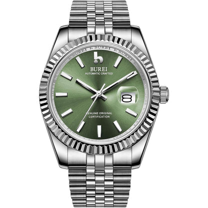 BUREI Men's Automatic Watch Analog Dial with Date Window Sapphire Crystal Stainless Steel Band and Case