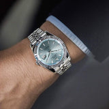 BUREI Mens Luxury Automatic Watches Blue Dial Analog Date Window Display Sapphire Crystal Lens with Stainless Steel Band