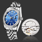 BUREI Mens Luxury Automatic Watches Blue Dial Analog Date Window Display Sapphire Crystal Lens with Stainless Steel Band