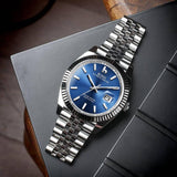 BUREI Mens Luxury Automatic Watches Blue Dial Analog Date Window Display Sapphire Crystal Lens with Stainless Steel Band