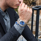 BUREI Mens Luxury Automatic Watches Blue Dial Analog Date Window Display Sapphire Crystal Lens with Stainless Steel Band