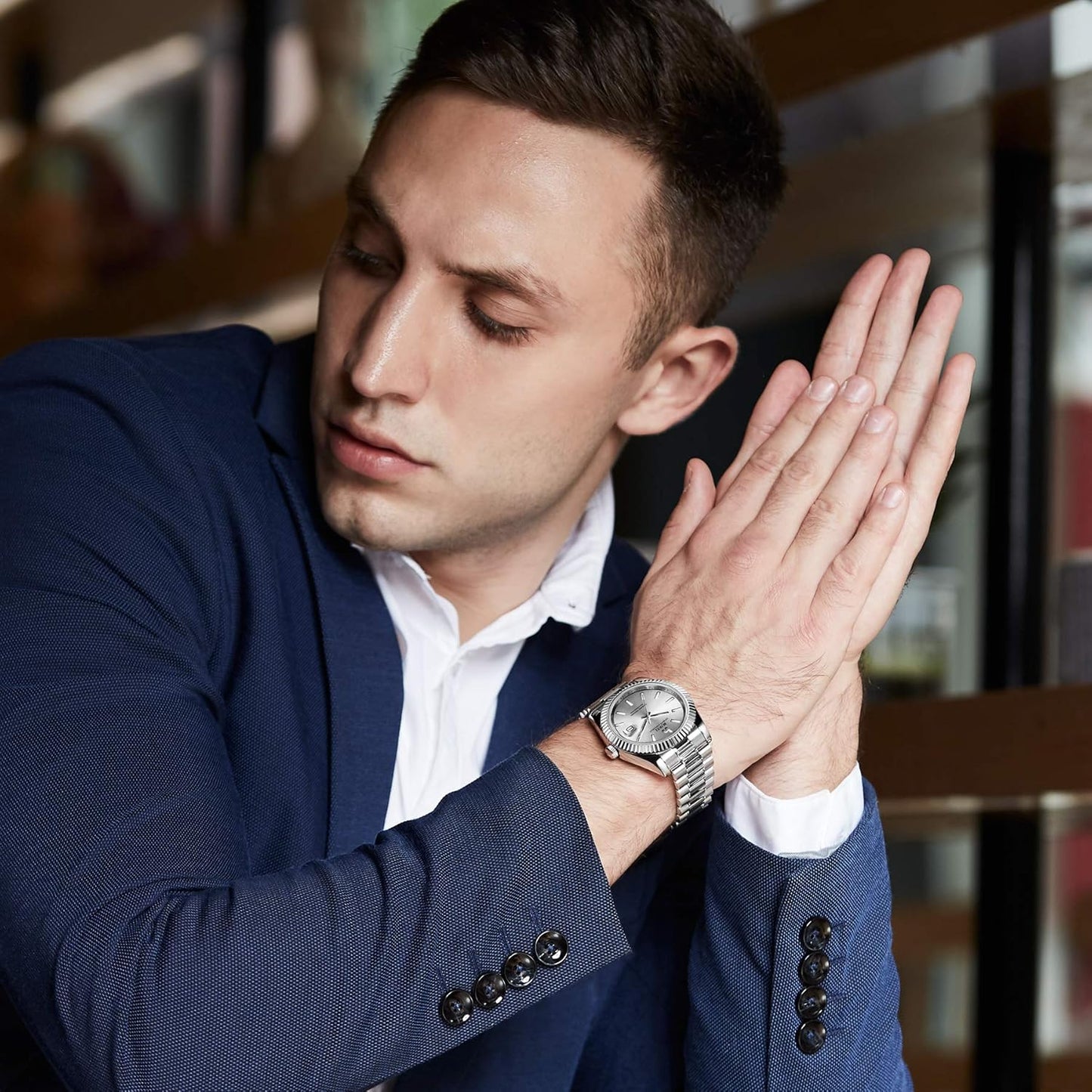 BUREI Mens Luxury Analog Quartz Watches Black Dial Date Display Sapphire Crystal Lens with Two Tones Stainless Steel Band