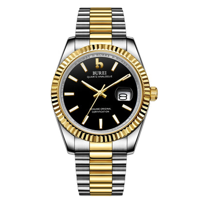 BUREI Mens Luxury Analog Quartz Watches Black Dial Date Display Sapphire Crystal Lens with Two Tones Stainless Steel Band