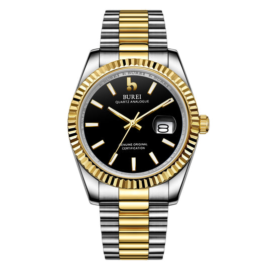 BUREI Mens Luxury Analog Quartz Watches Black Dial Date Display Sapphire Crystal Lens with Two Tones Stainless Steel Band