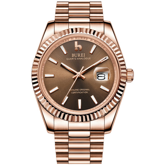 BUREI Mens Luxury Analog Quartz Watches Black Dial Date Display Sapphire Crystal Lens with Two Tones Stainless Steel Band