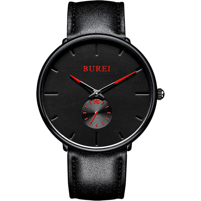BUREI Men's Quartz Watch Black Minimalist Analog Ultra Thin Waist Watch Simple Style Stainless Steel Mesh Band