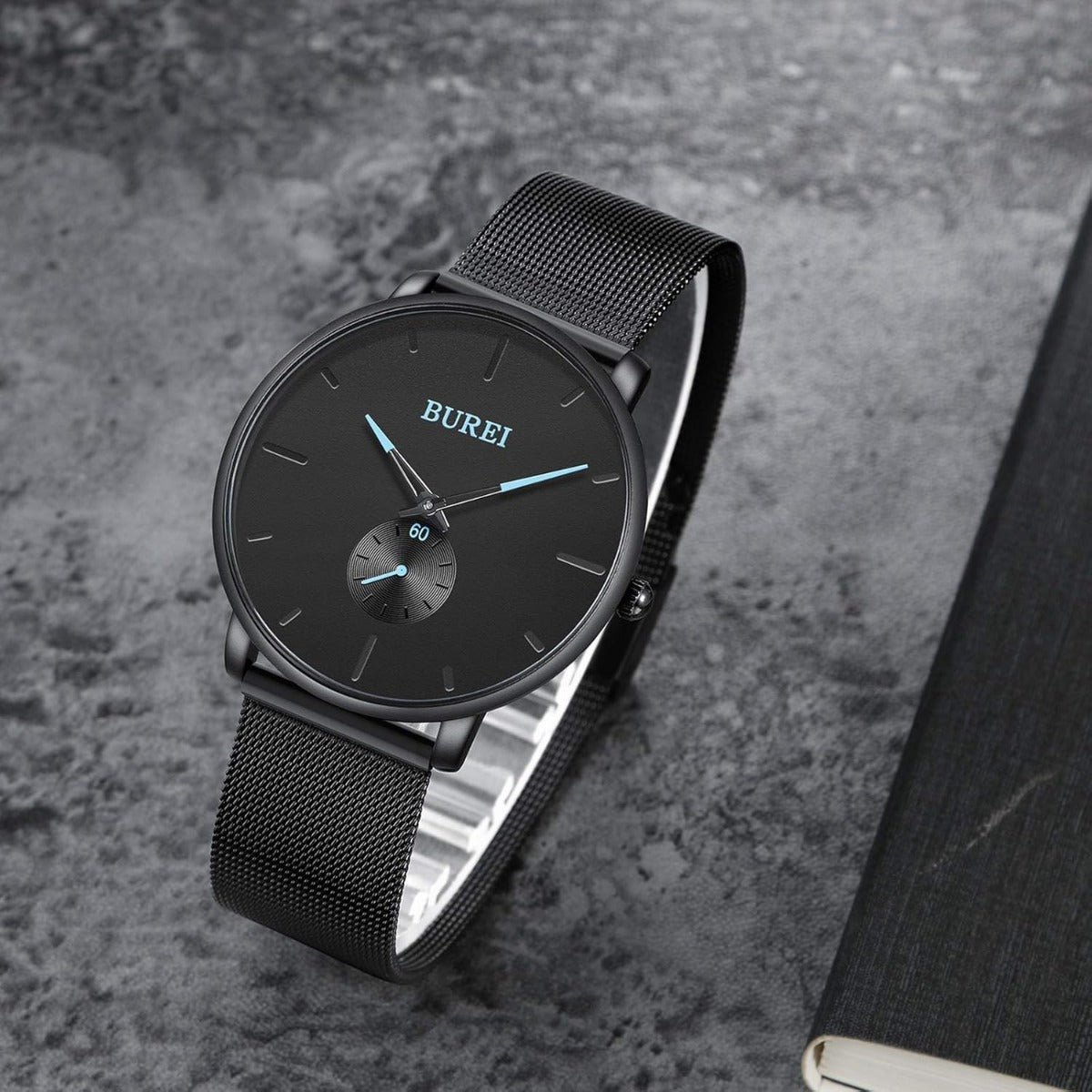 BUREI Men's Fashion Minimalist Wrist Quartz Watches with Stainless Steel Black Dial and Mesh Band