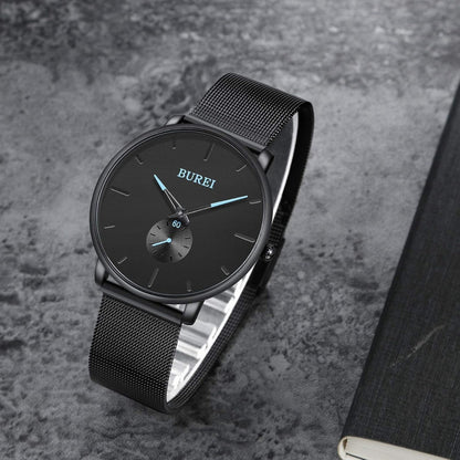 BUREI Men's Fashion Minimalist Wrist Quartz Watches with Stainless Steel Black Dial and Mesh Band