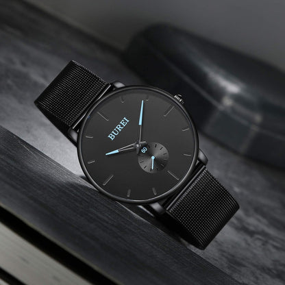 BUREI Men's Fashion Minimalist Wrist Quartz Watches with Stainless Steel Black Dial and Mesh Band