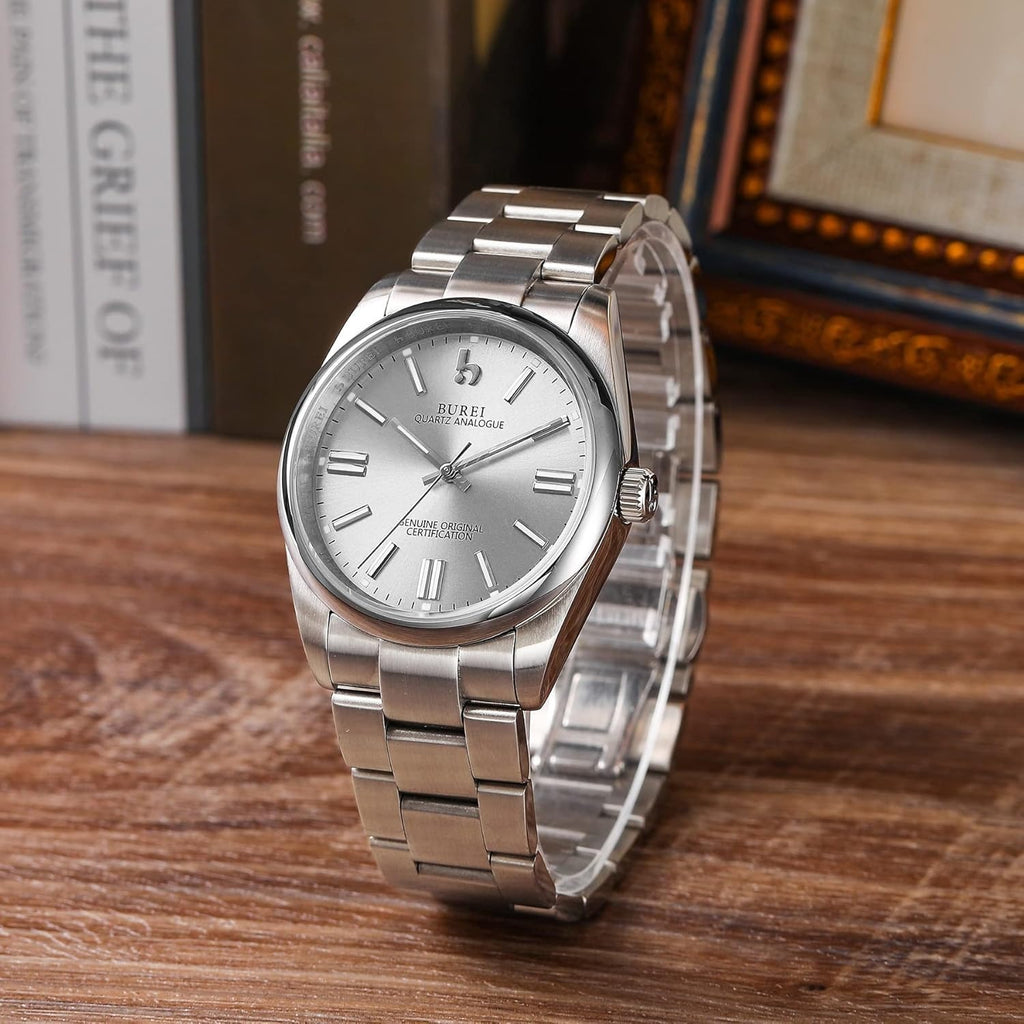 BUREI Orologio Da Uomo In Acciaio Inossidabile | Quarzo Giapponese | Quadrante Rotondo 42 Mm Con Vetro Minerale | Confezione Regalo Di Lusso