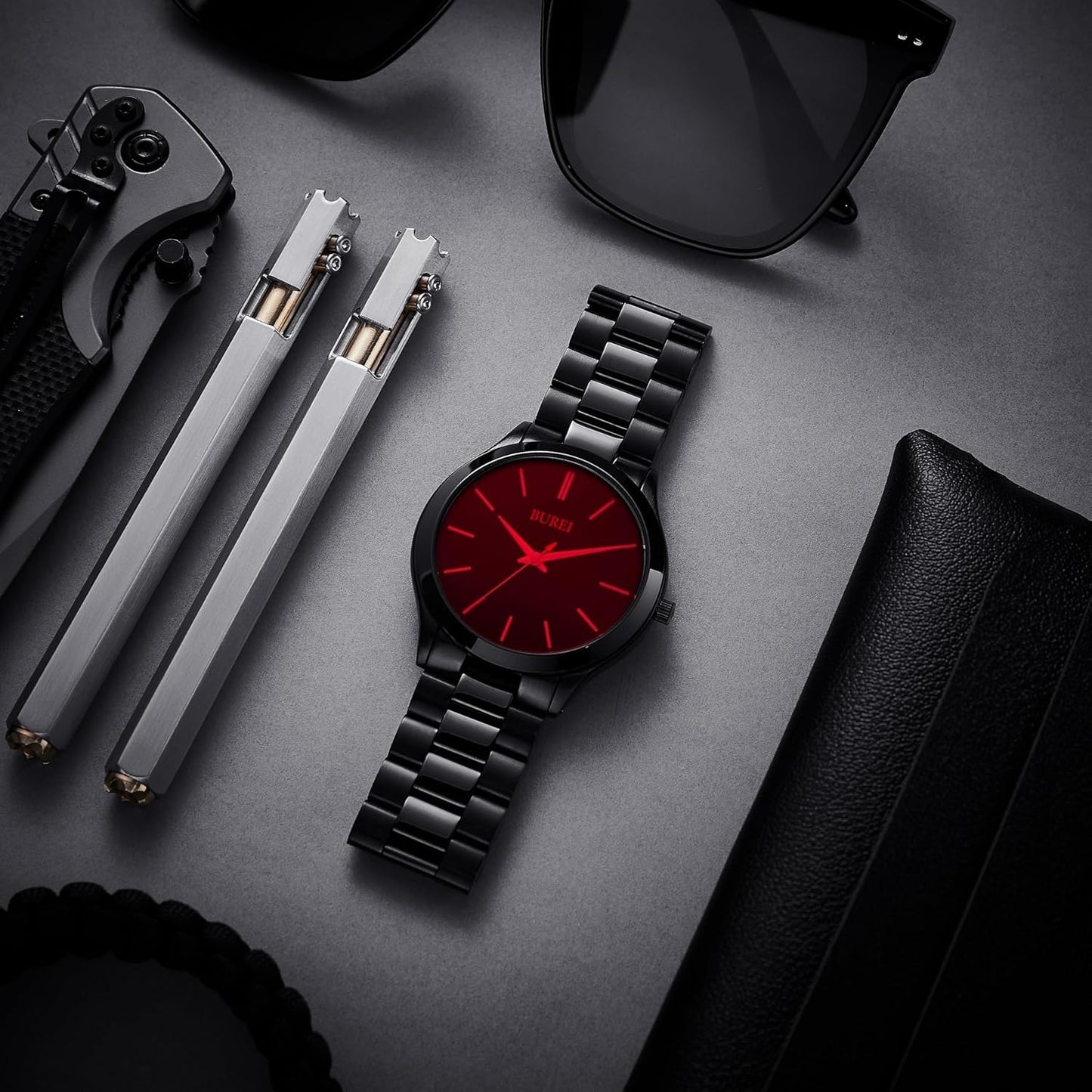 BUREI men's stainless steel fashion business watch japanese movement quartz watch men's 41mm luxury round watch