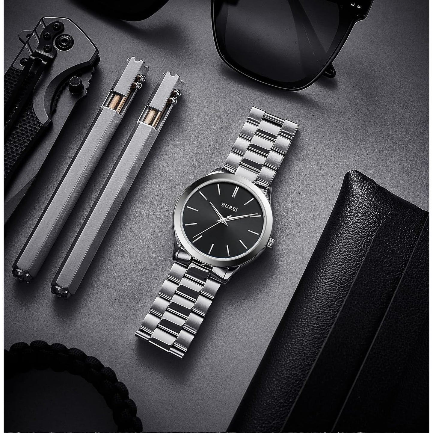 BUREI men's stainless steel fashion business watch japanese movement quartz watch men's 41mm luxury round watch