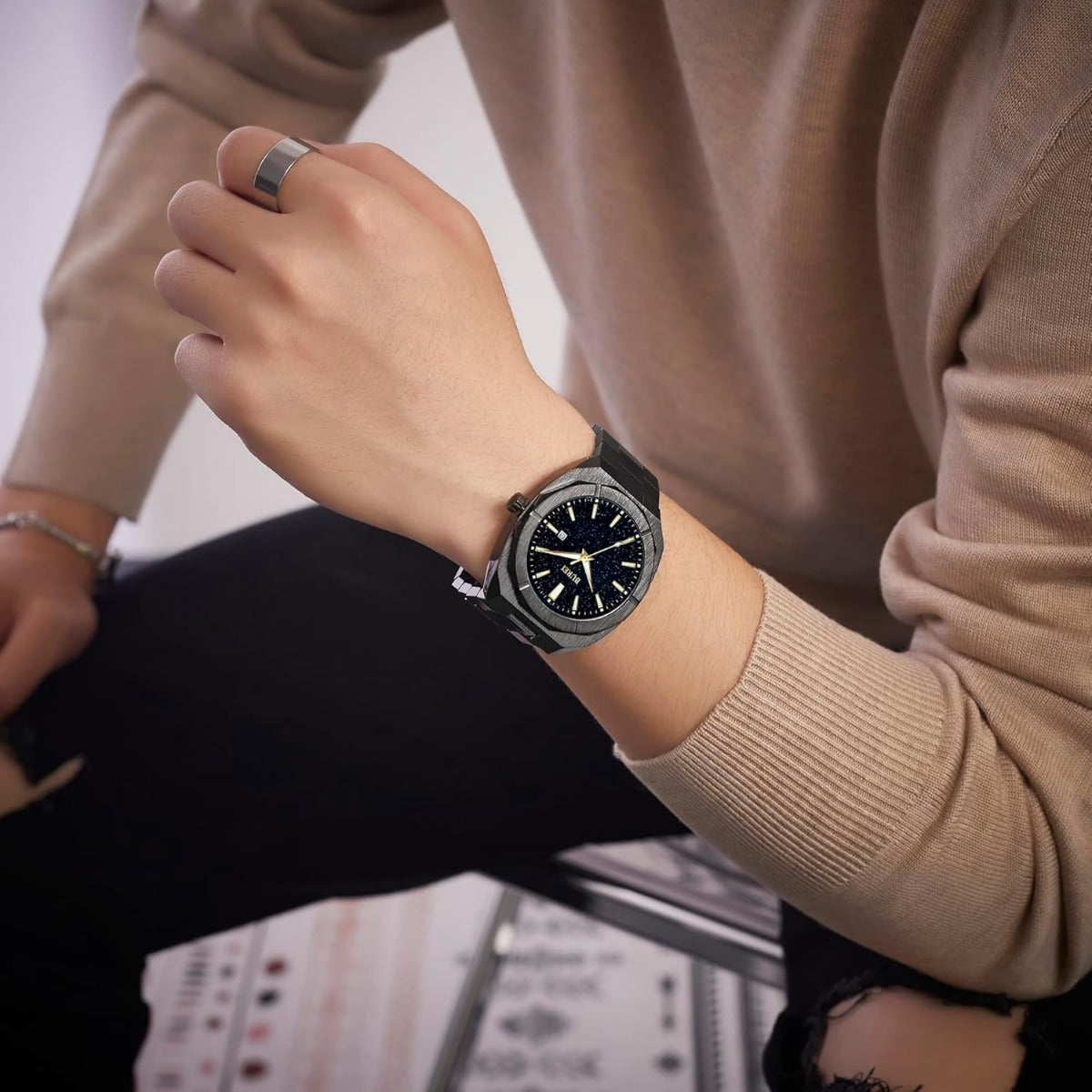 BUREI Fashion Quartz Watch for Men Watch Analog Date Watch with Stainless Steel Band Waterproof Classic Watches for Men