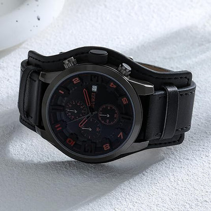 BUREI Men's Black Leather Multifunction Chronograph Fashion Waterproof Business Casual Analog Quartz Watch