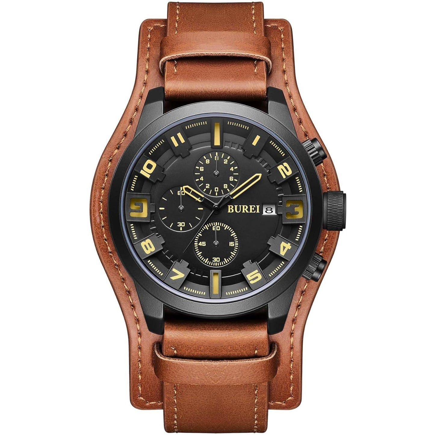 BUREI Men's Black Leather Multifunction Chronograph Fashion Waterproof Business Casual Analog Quartz Watch