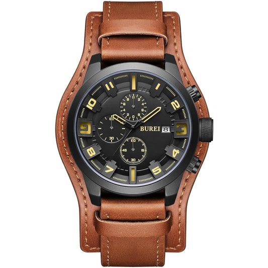BUREI Men's Black Leather Multifunction Chronograph Fashion Waterproof Business Casual Analog Quartz Watch
