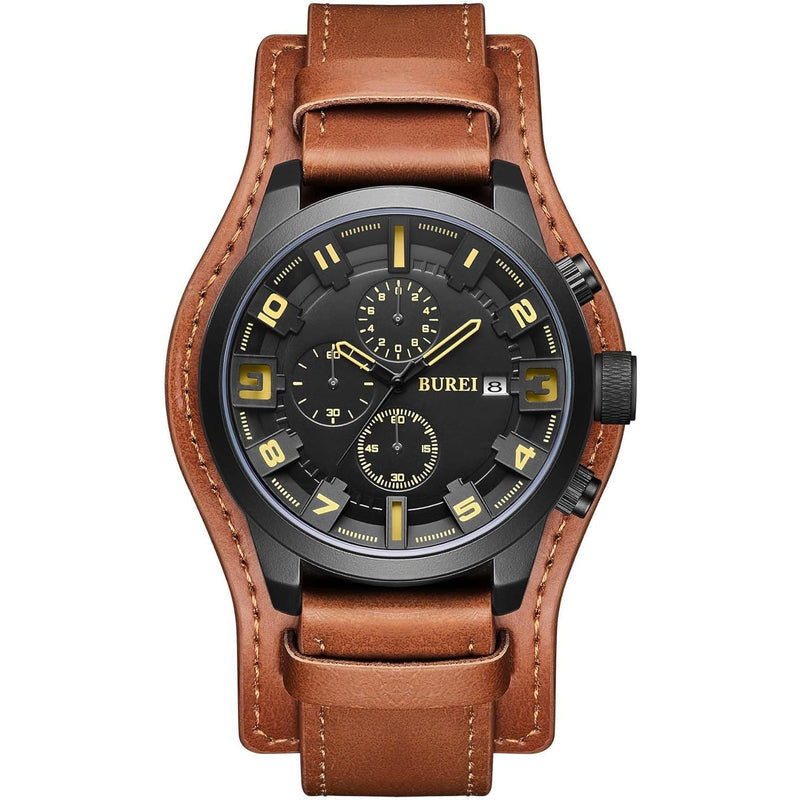 BUREI Men's Black Leather Multifunction Chronograph Fashion Waterproof Business Casual Analog Quartz Watch