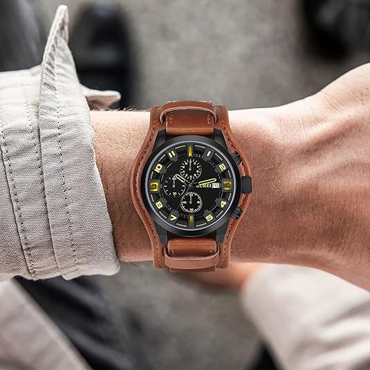 BUREI Men's Black Leather Multifunction Chronograph Fashion Waterproof Business Casual Analog Quartz Watch