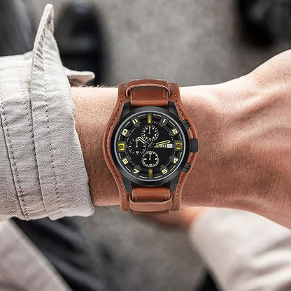 BUREI Men's Black Leather Multifunction Chronograph Fashion Waterproof Business Casual Analog Quartz Watch