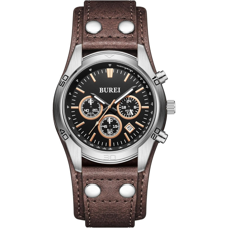 BUREI Men Watches,Waterproof Analog Dress Wrist Brown Leather Watches for Men with Black dial,Multifunction Watches for Men.