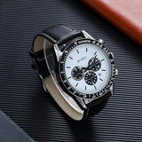 BUREI Men's Black Leather Multifunction Chronograph Fashion Waterproof Business Casual Analog Quartz Watch