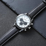 BUREI Men's Black Leather Multifunction Chronograph Fashion Waterproof Business Casual Analog Quartz Watch