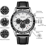 BUREI Men's Black Leather Multifunction Chronograph Fashion Waterproof Business Casual Analog Quartz Watch