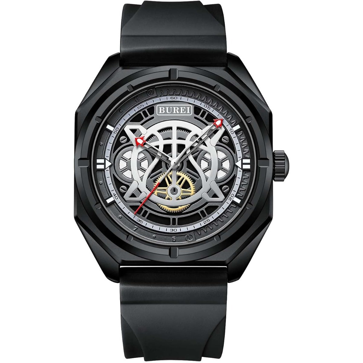 BUREI Men Wrist Watches Fashion Analog Waterproof Rubber Strap Watches for Men