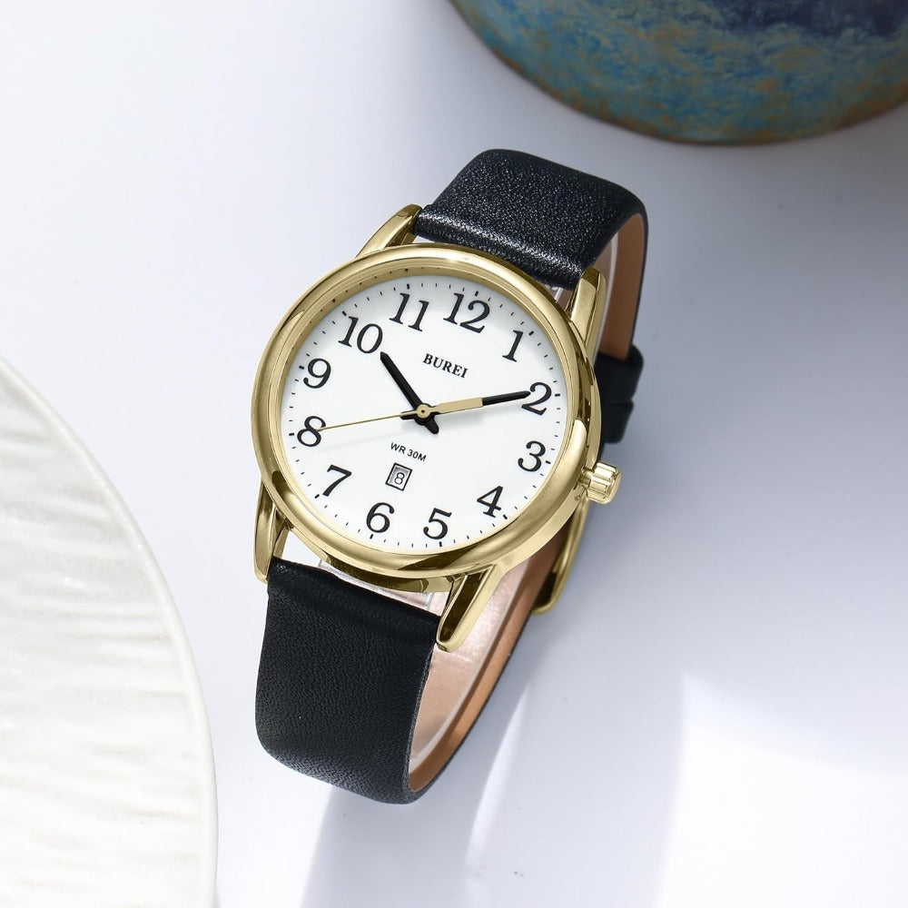 BUREI Women's Black Leather Watches with Luminous Easy to Read Minimalist Watch for Women and Nurses, Gift for Her