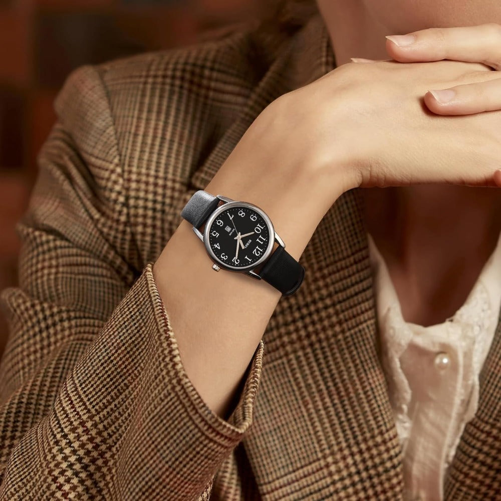 BUREI Women's Black Leather Watches with Luminous Easy to Read Minimalist Watch for Women and Nurses, Gift for Her