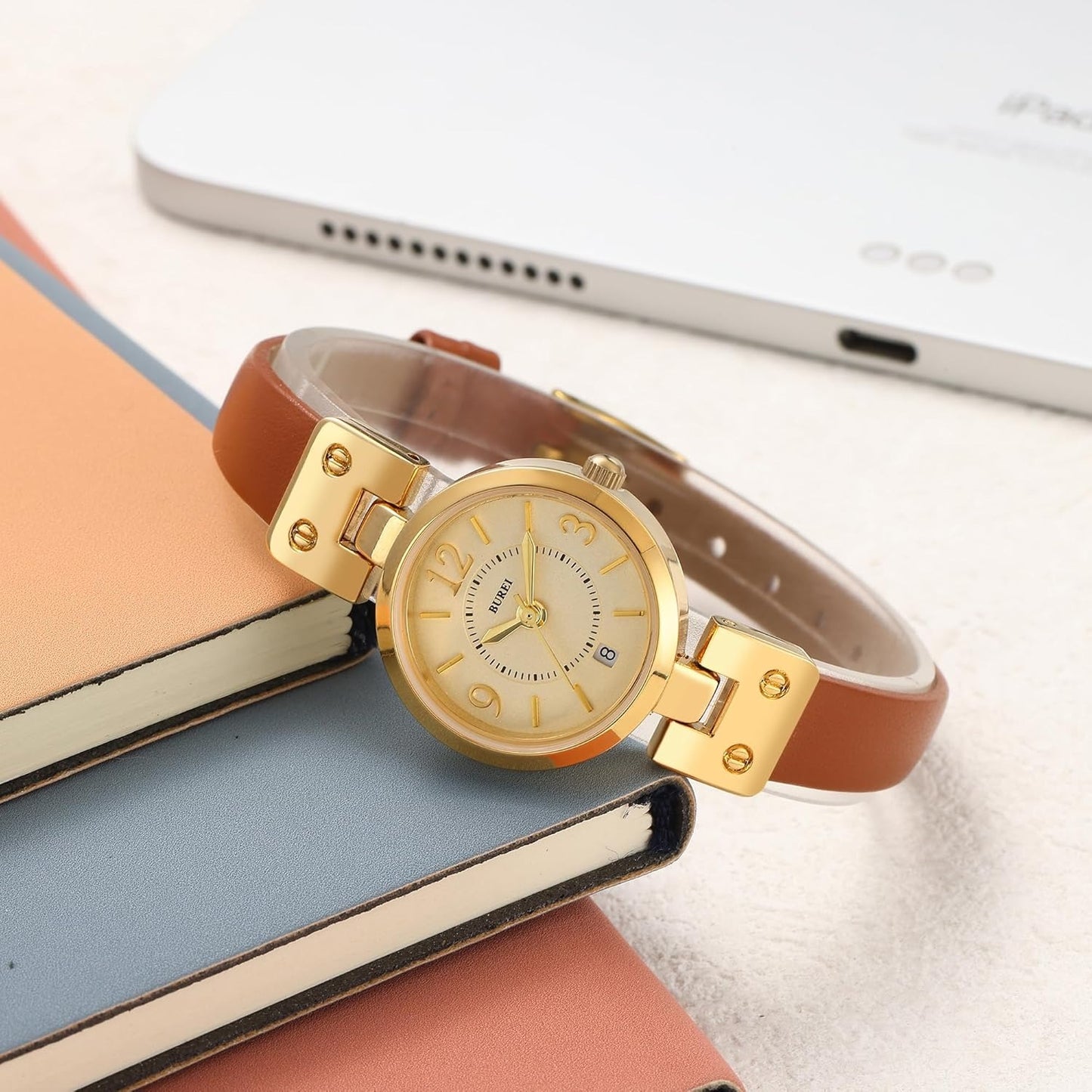 BUREI Women's Luxury Quartz Waterproof Pointer Watch with Simple Leather Strap - Exquisite Small Women's Watch
