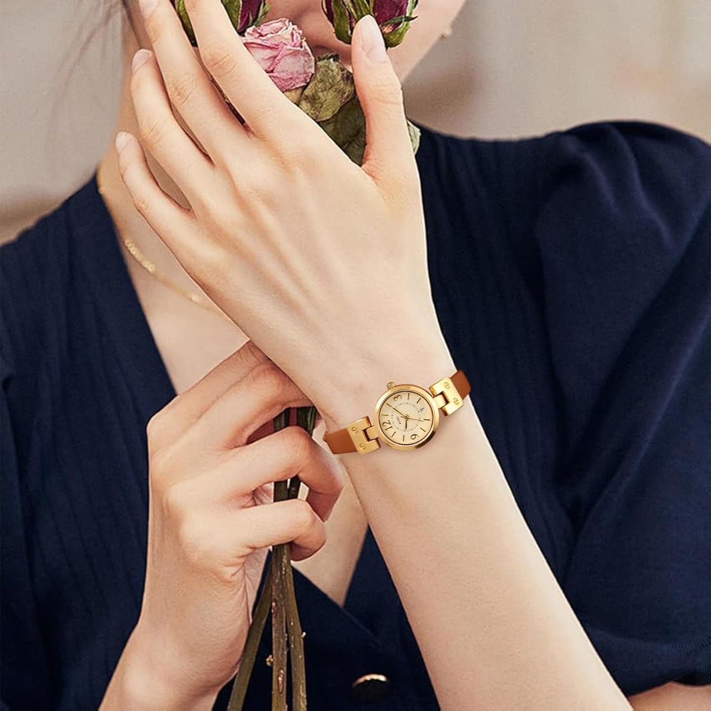 BUREI Women's Luxury Quartz Waterproof Pointer Watch with Simple Leather Strap - Exquisite Small Women's Watch