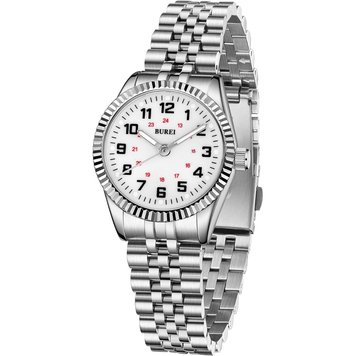 BUREI Women's Wrist Watch Easy Read Dial, 24 Hour with Second Hand,Nurse Watch for Women with Stainless Steel Band.