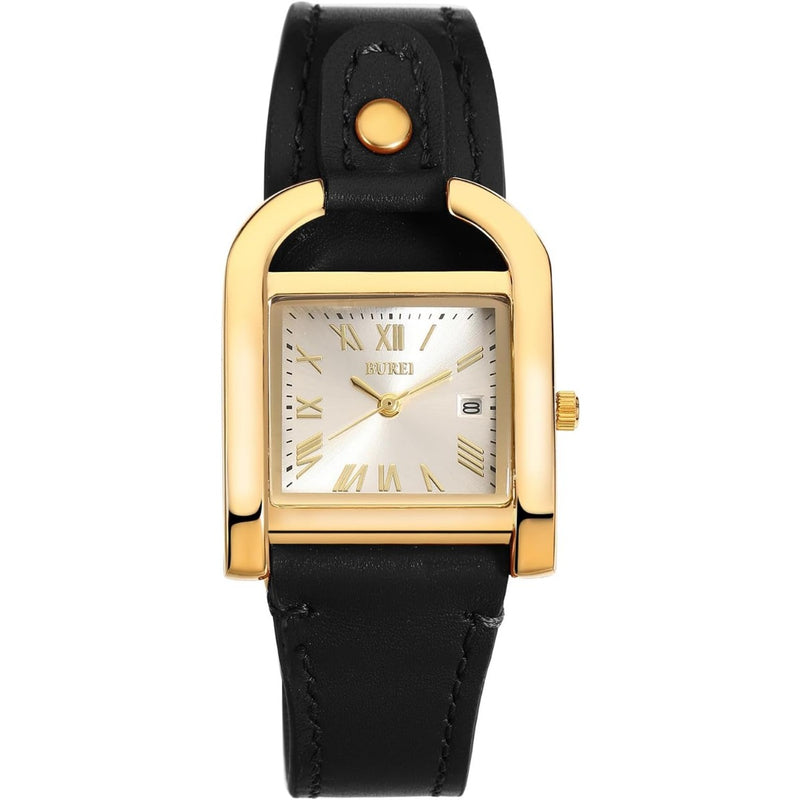 BUREI Women's Watch Classic Leather Strap Square Quartz Ladies Watch,Simple Waterproof with Calendar Design, Gift for Women