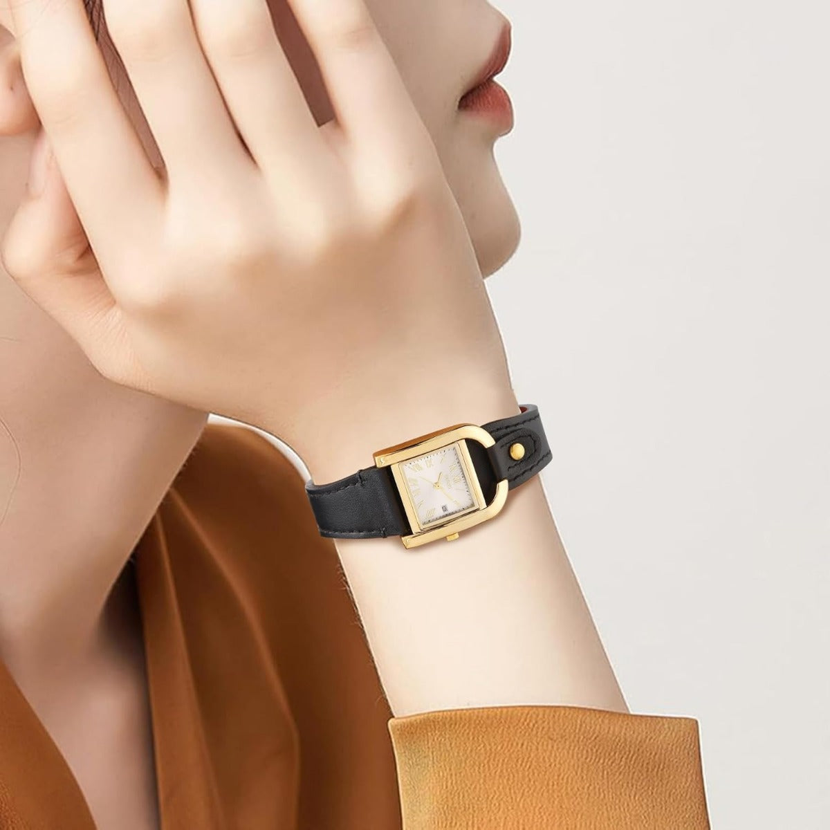 BUREI Women's Watch Classic Leather Strap Square Quartz Ladies Watch,Simple Waterproof with Calendar Design, Gift for Women