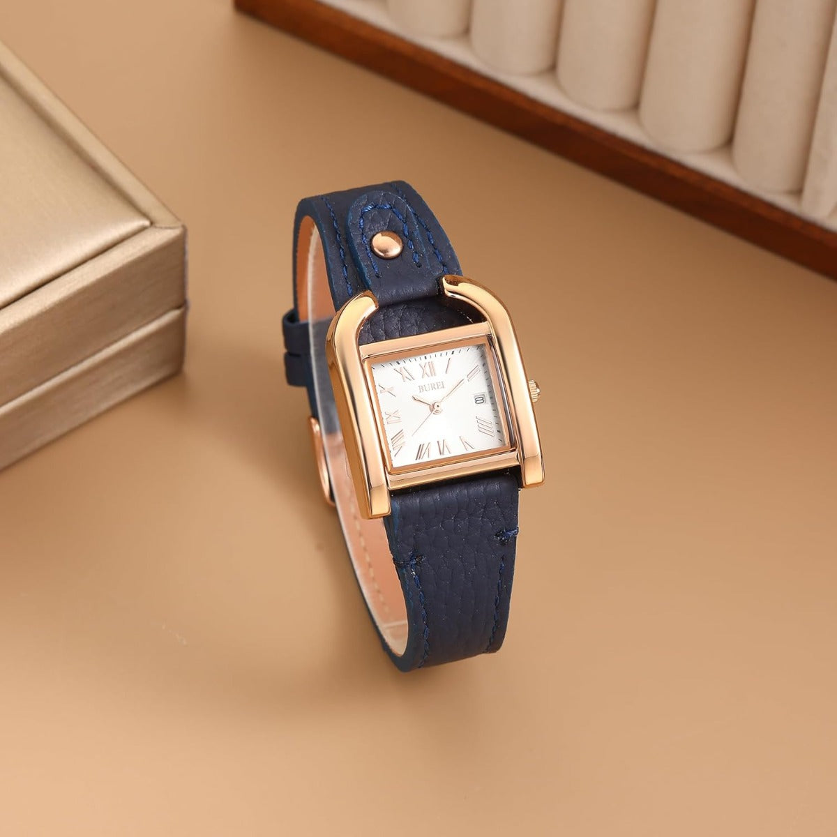 BUREI Women's Watch Classic Leather Strap Square Quartz Ladies Watch,Simple Waterproof with Calendar Design, Gift for Women