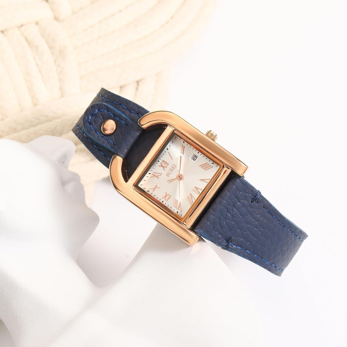 BUREI Women's Watch Classic Leather Strap Square Quartz Ladies Watch,Simple Waterproof with Calendar Design, Gift for Women