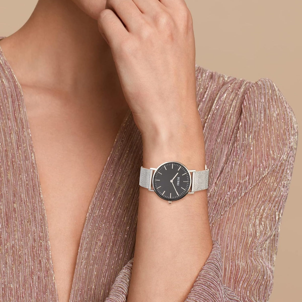 BUREI Womens Watch Fashion Gold Small Ladies Watch Stainless Steel Mesh Bracelet Watch Analog Quartz Waterproof Watches Dainty Silver Wrist Watches for Women