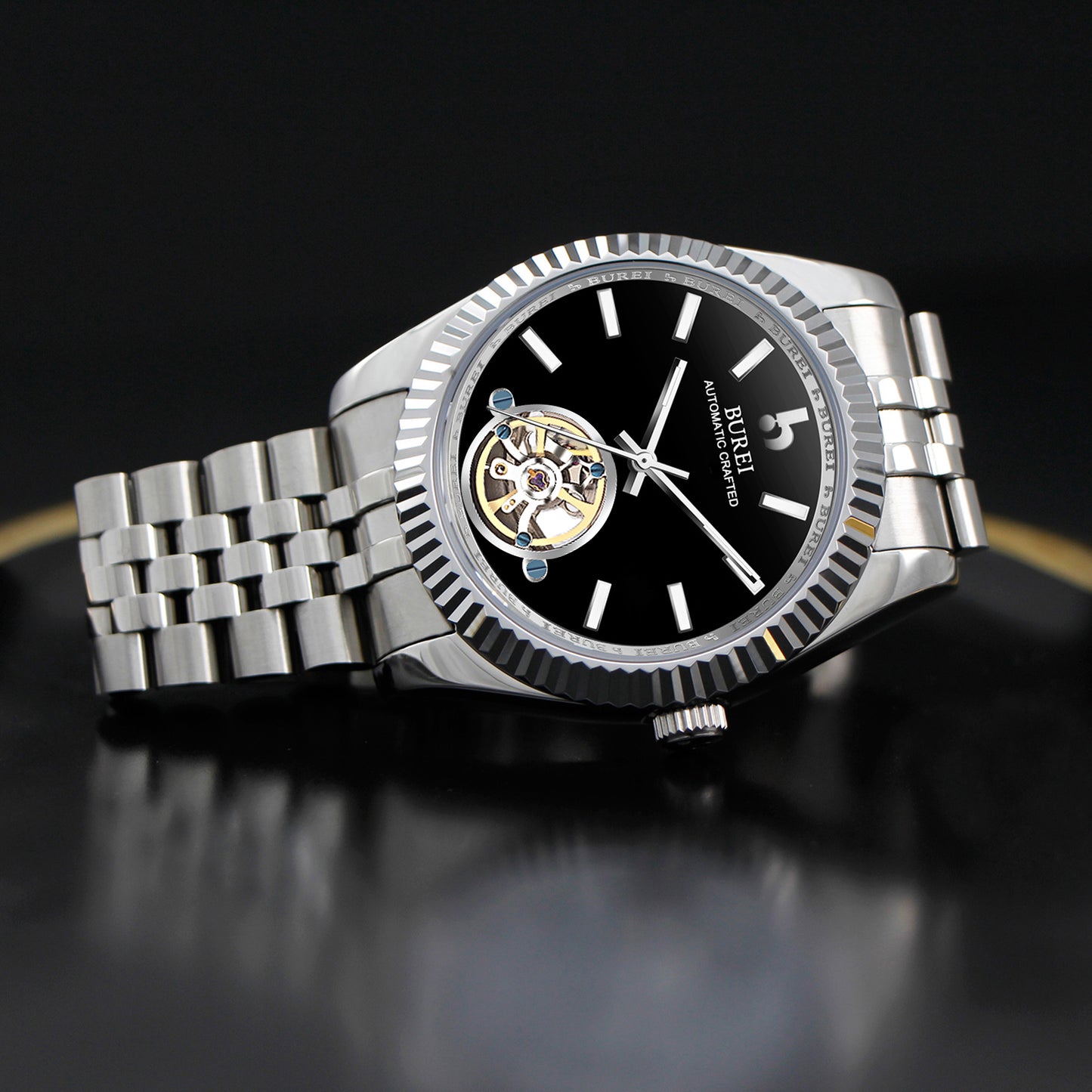 BUREI Men's Classic Luxury Watch Stainless Steel Waterproof Machine Watch Fashion Double Watches Date Sapphire Crystal