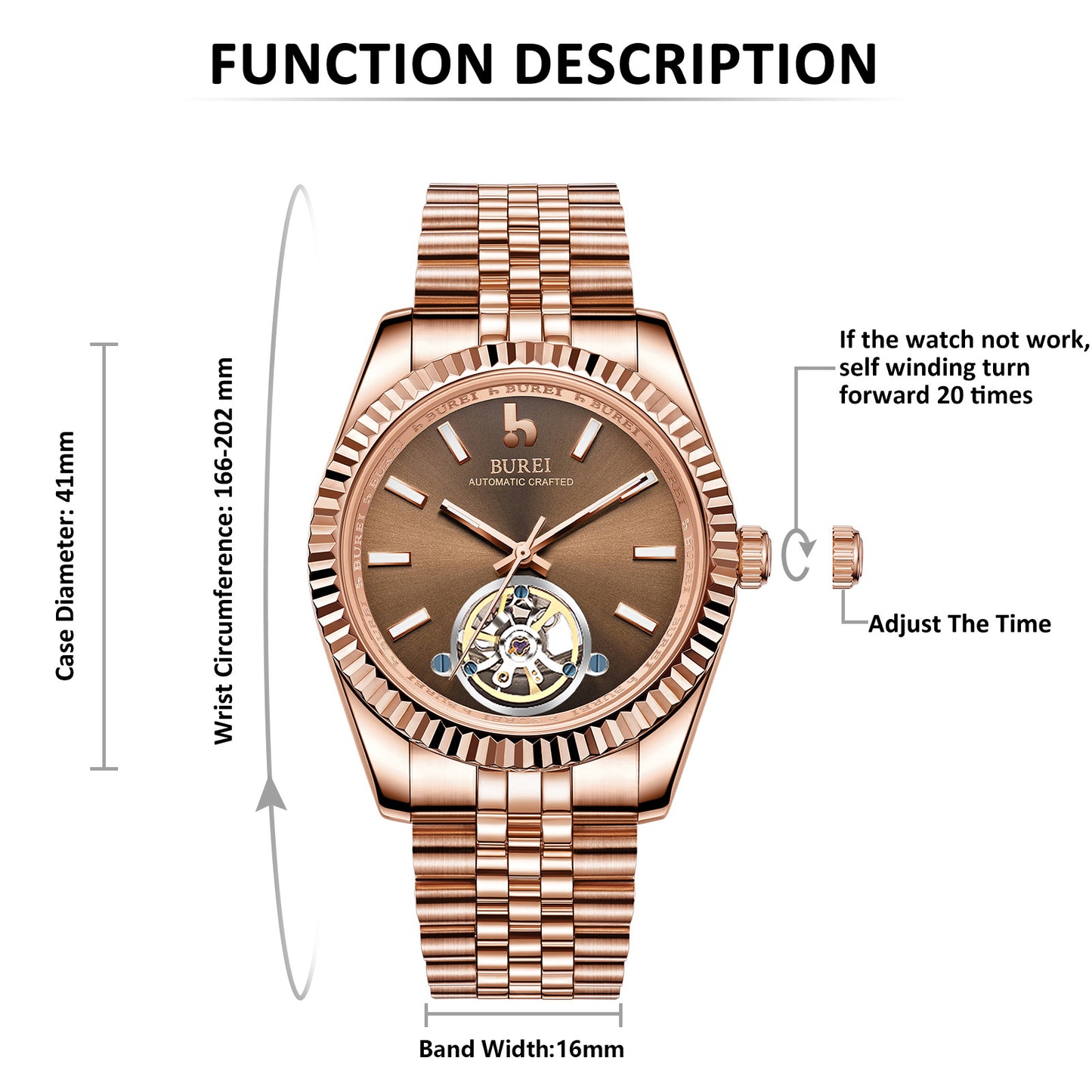 BUREI Men's Classic Luxury Watch Stainless Steel Waterproof Machine Watch Fashion Double Watches Date Sapphire Crystal