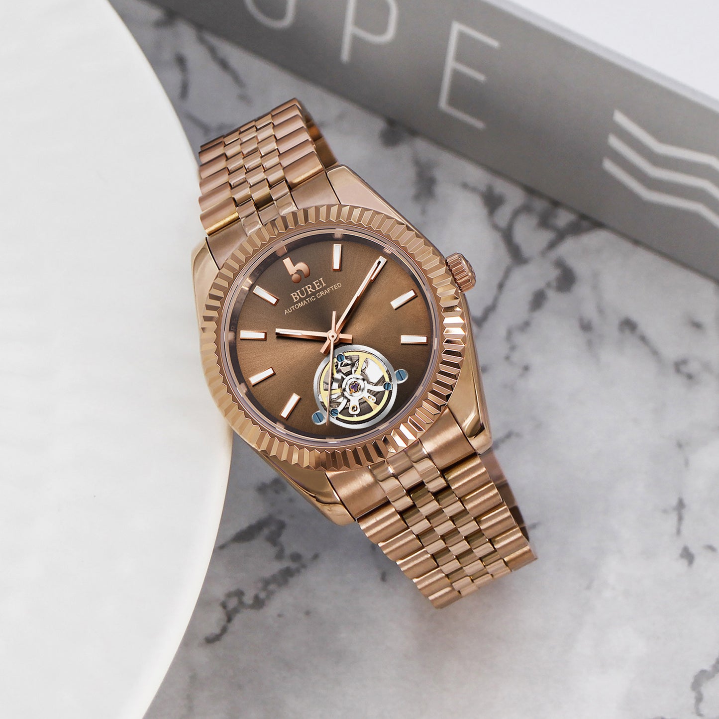 BUREI Men's Classic Luxury Watch Stainless Steel Waterproof Machine Watch Fashion Double Watches Date Sapphire Crystal