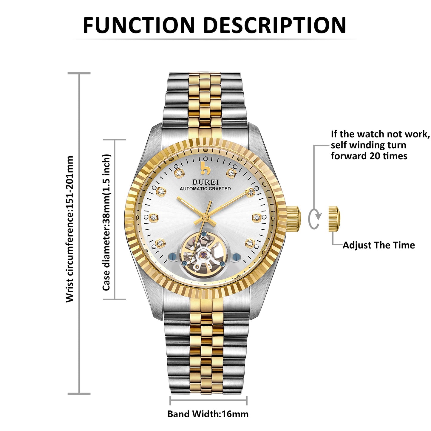 BUREI Men's Watch 41mm, Classic Stainless Steel, Waterproof Machine Watch with Date, Sapphire Crystal, Business Dress Wristwatch