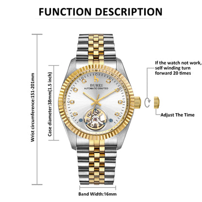 BUREI Men's Watch 41mm, Classic Stainless Steel, Waterproof Machine Watch with Date, Sapphire Crystal, Business Dress Wristwatch